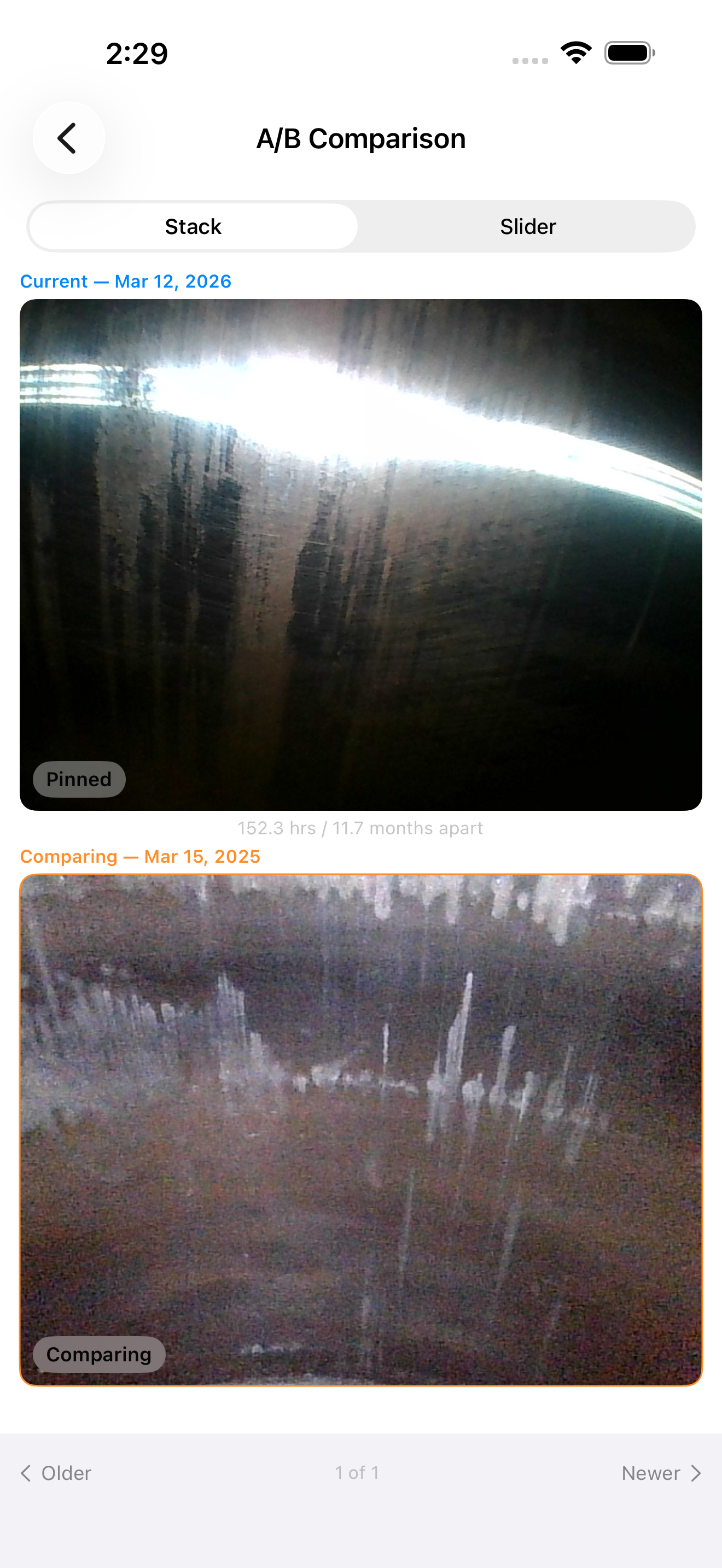 A/B comparison side by side with current and historical images