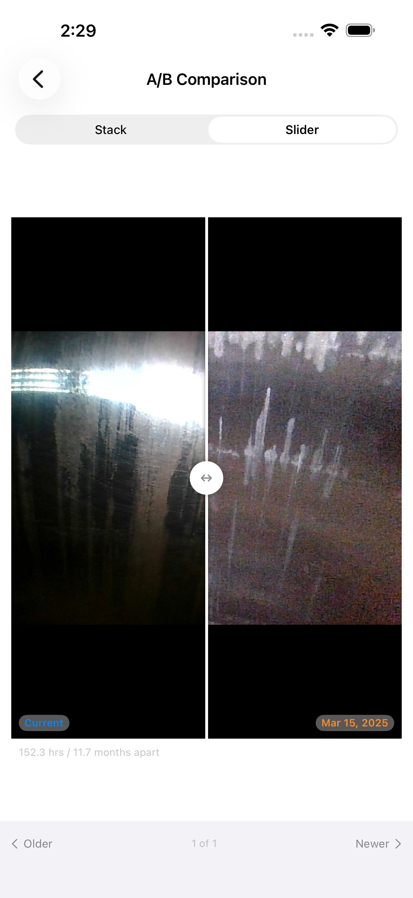 A/B comparison in slider mode with a draggable divider