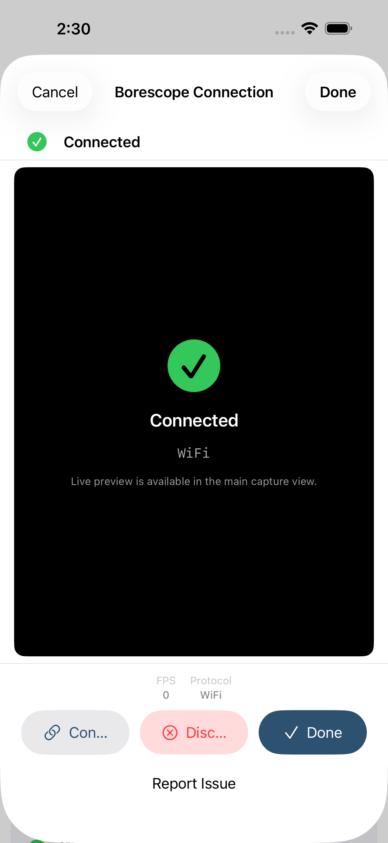 Borescope Connection screen connected with live preview and frame-rate badge
