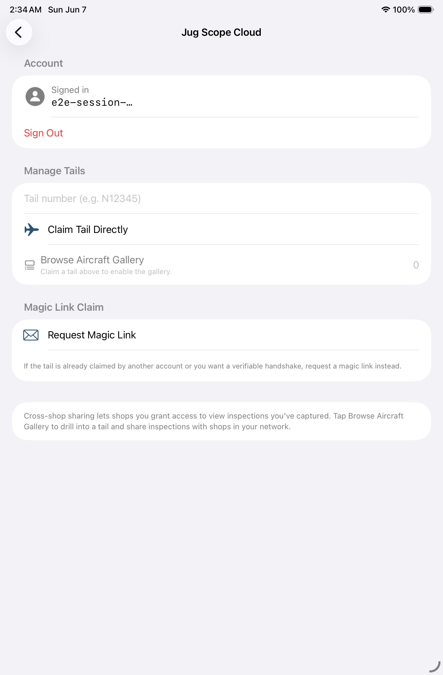 Settings Jug Scope Cloud on iPad with several tails claimed and gallery controls