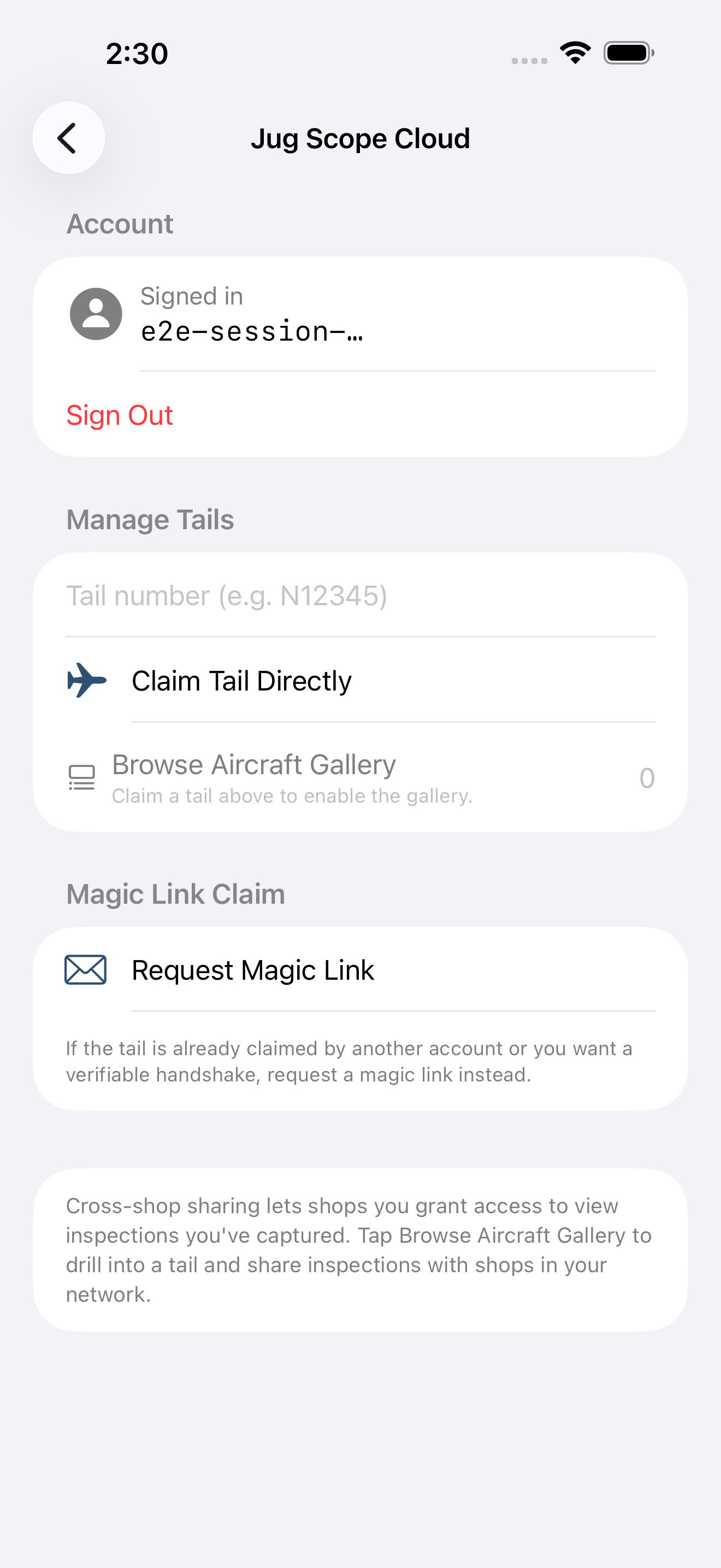 Settings Jug Scope Cloud with account, Manage Tails, and Browse Aircraft Gallery