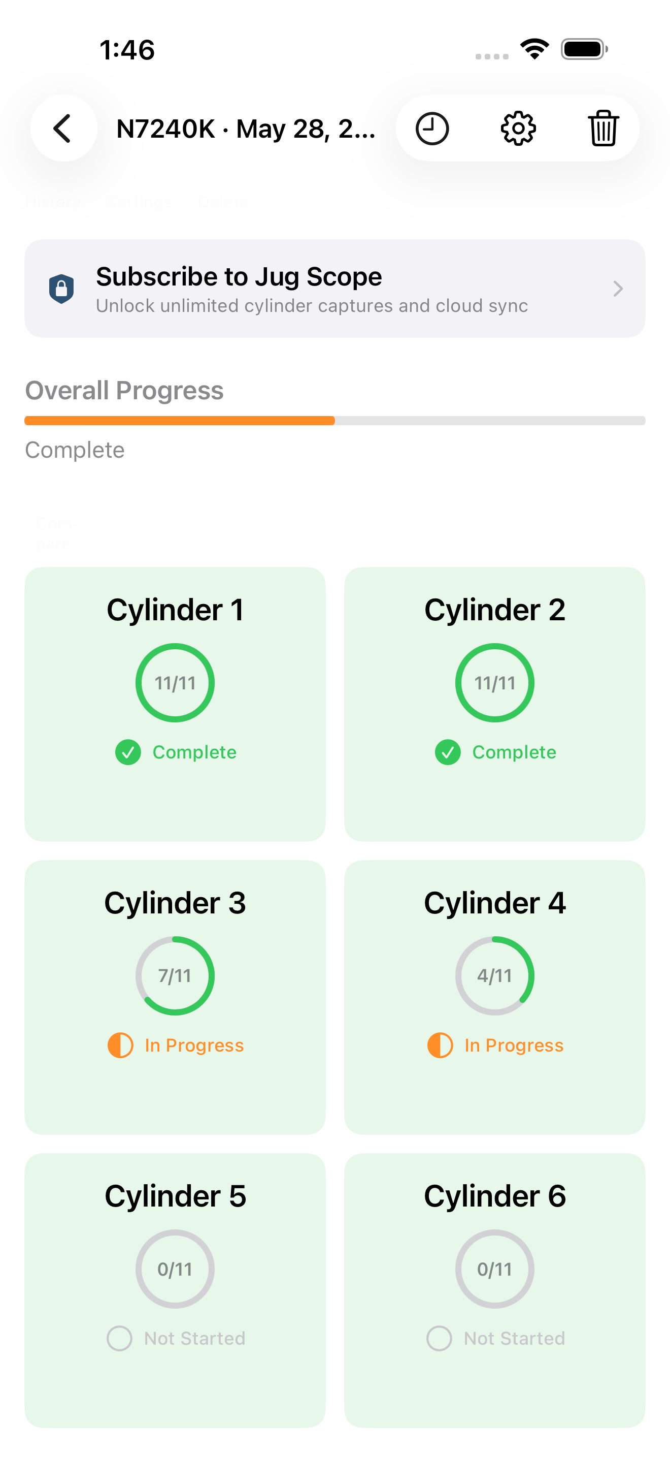 Cylinder overview with mixed progress, some cylinders complete and one in progress