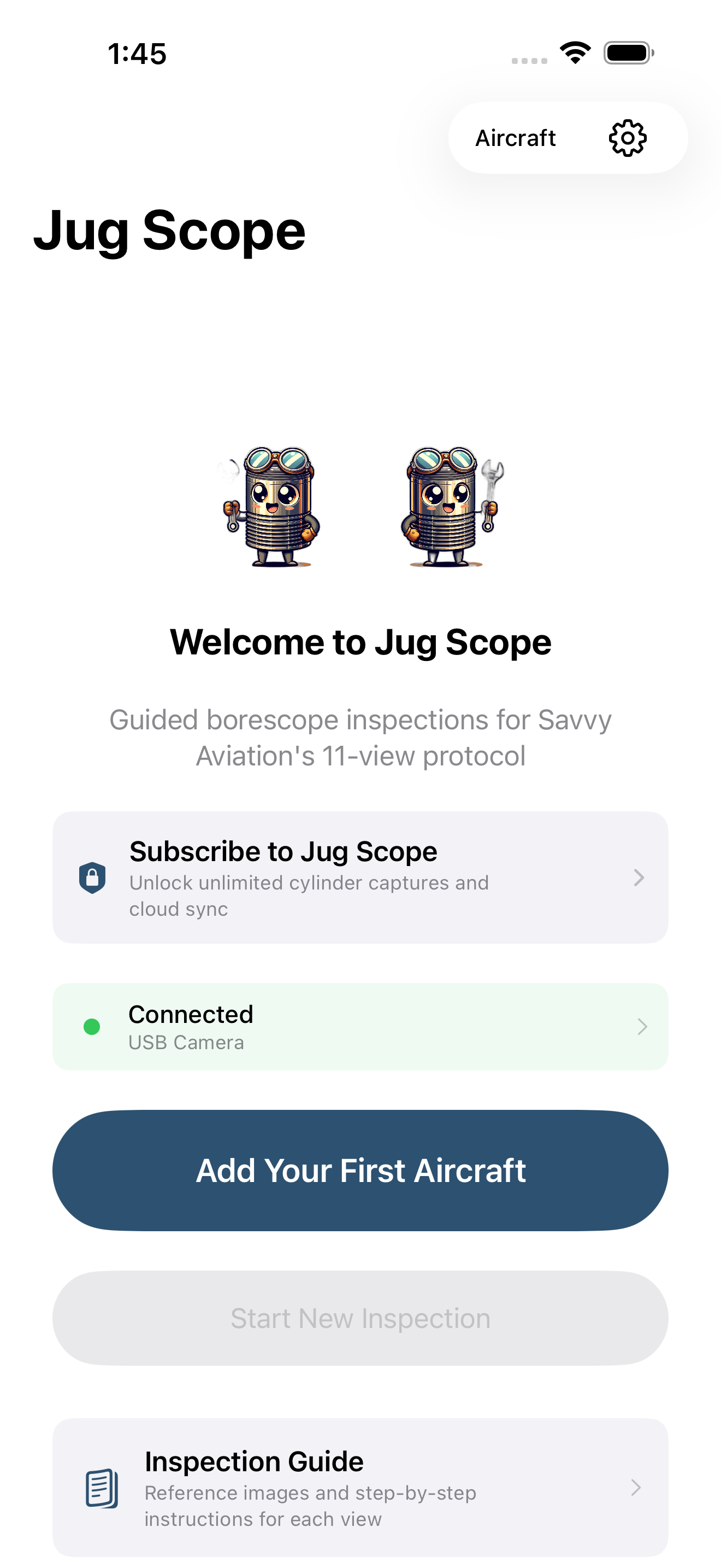 Home screen empty state with Add Your First Aircraft