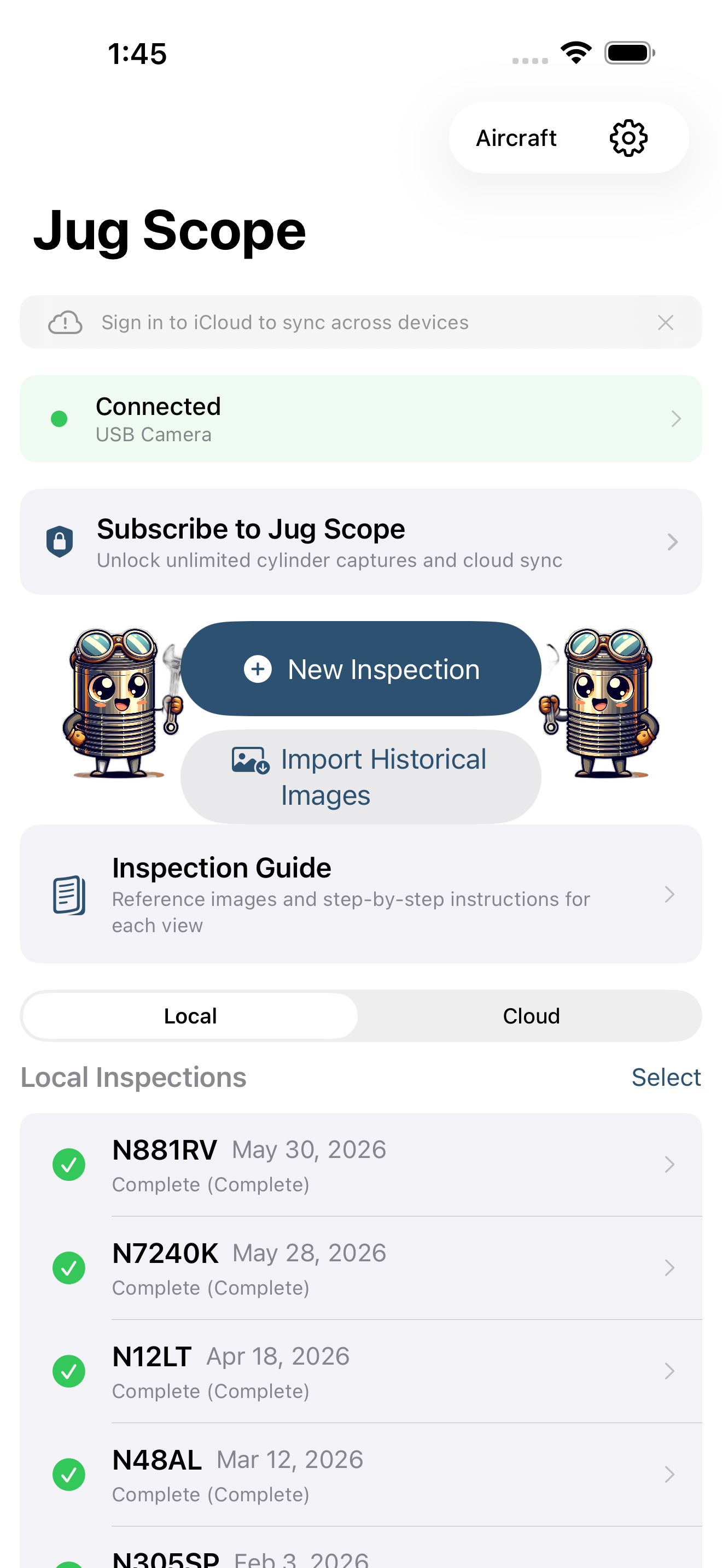 Home screen populated with recent inspections