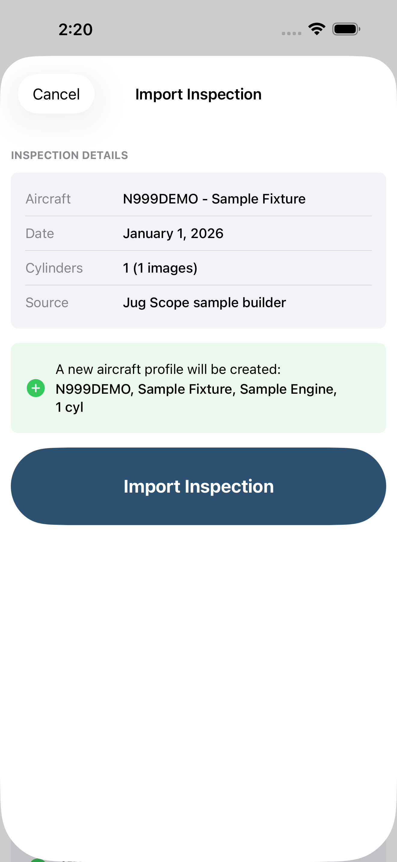 Import sheet analyzing a Jug Scope archive