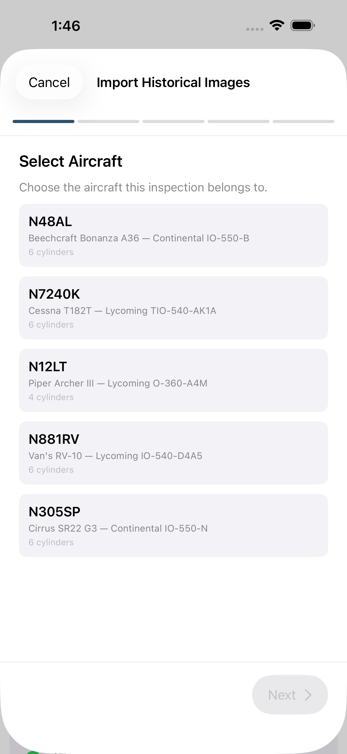 Inspection history for a tail, grouped by year with date, image count, status, and hours