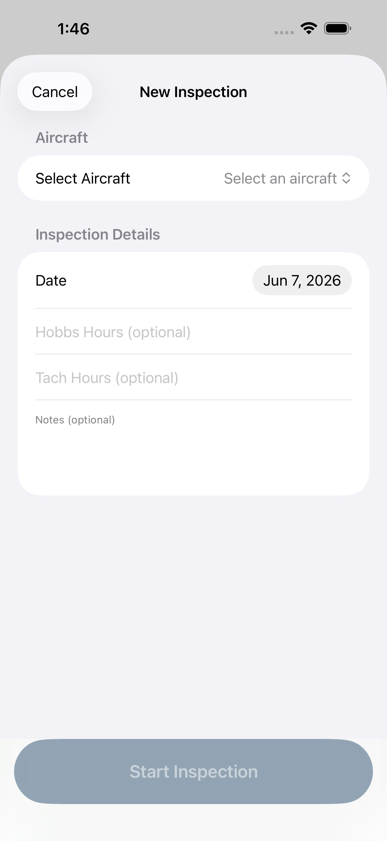 New Inspection sheet with aircraft picker and details filled in