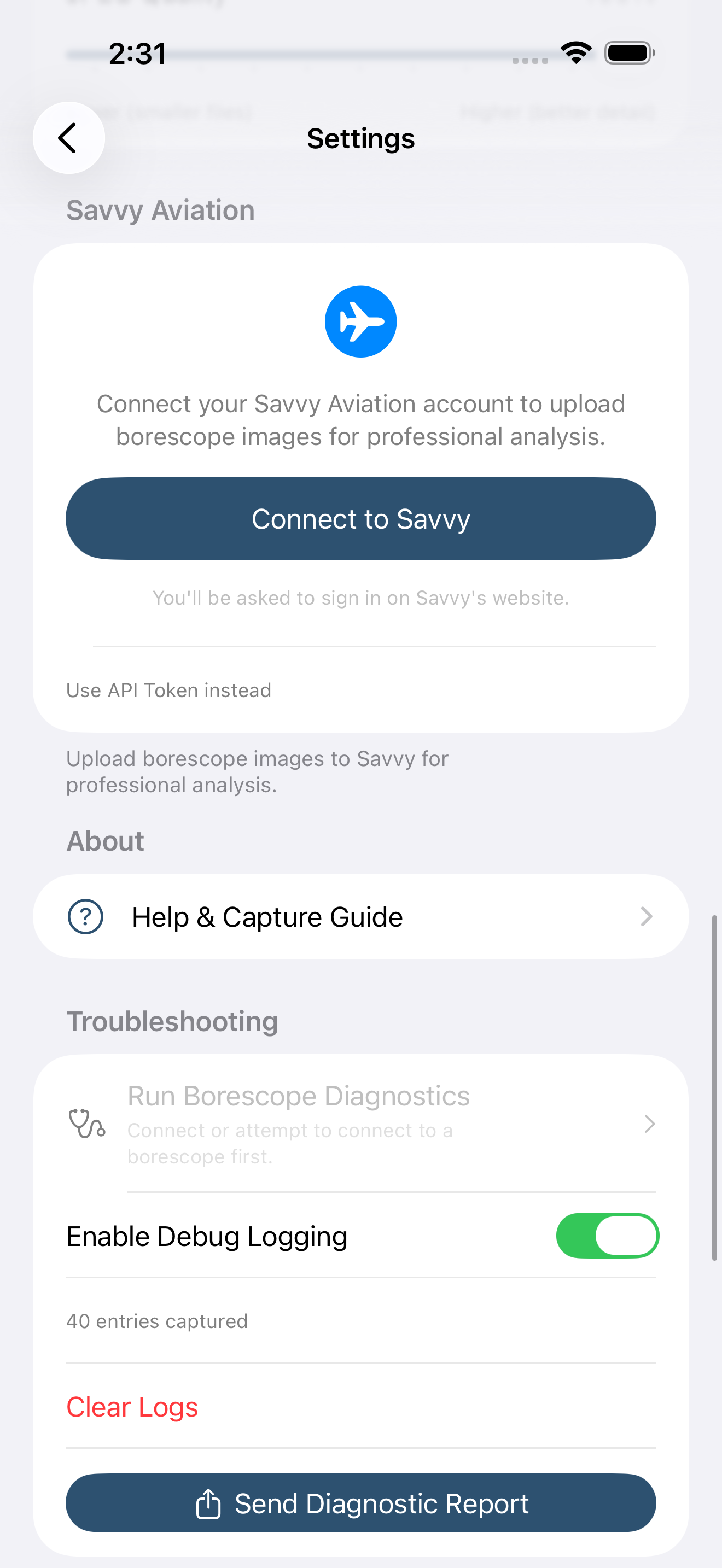 Settings screen bottom sections
