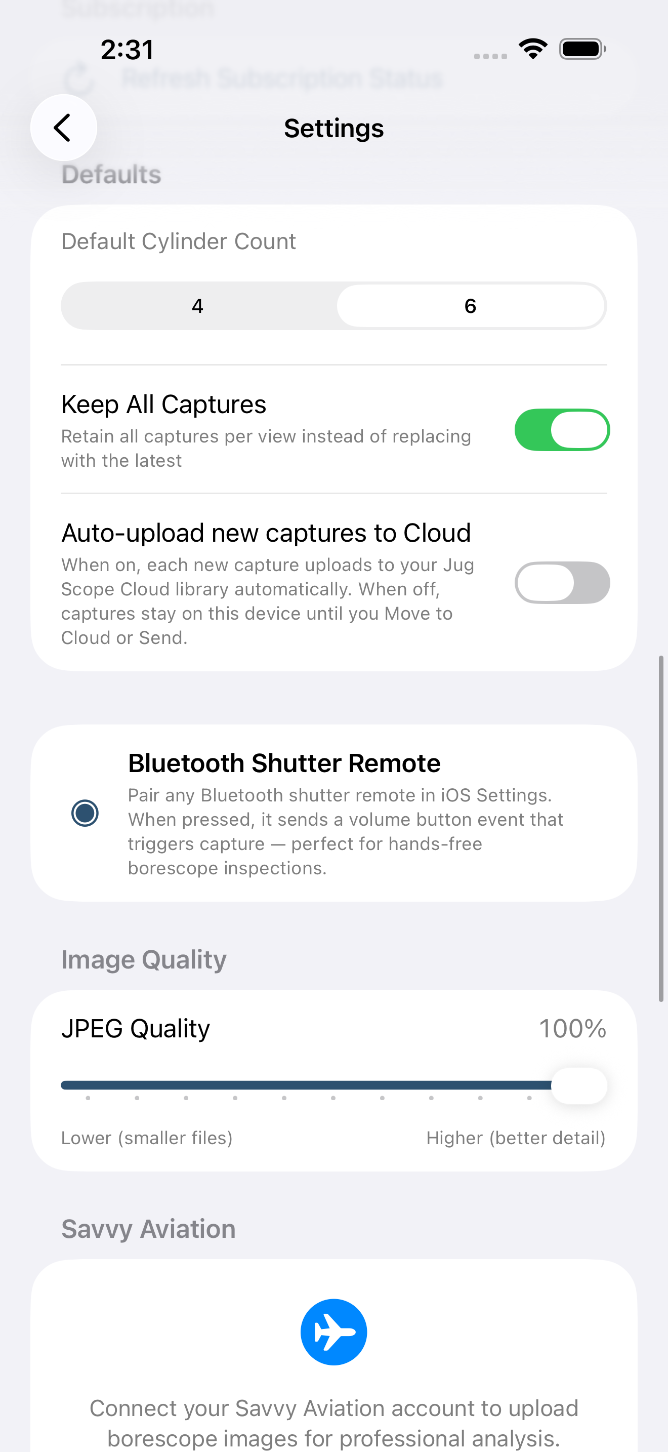 Settings screen middle sections