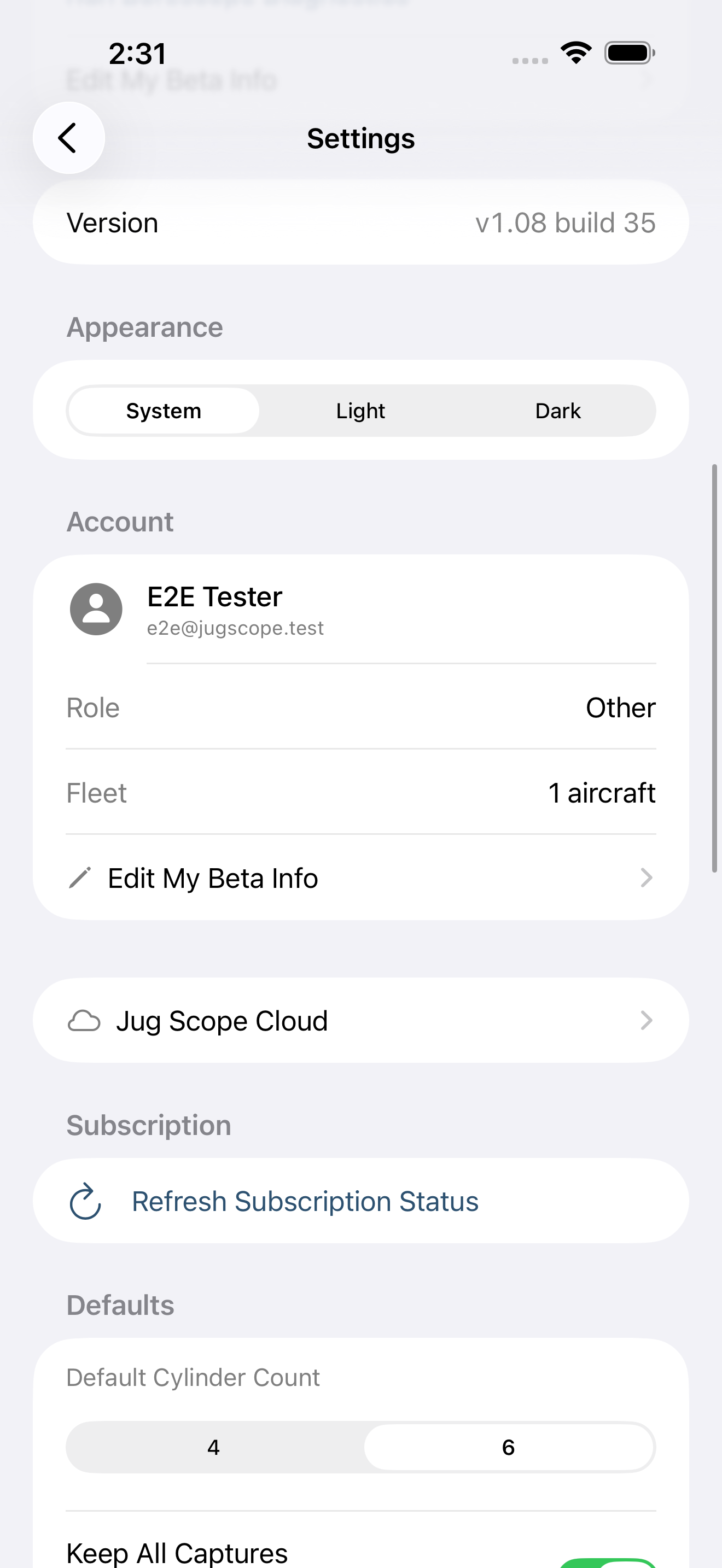 Settings screen top sections