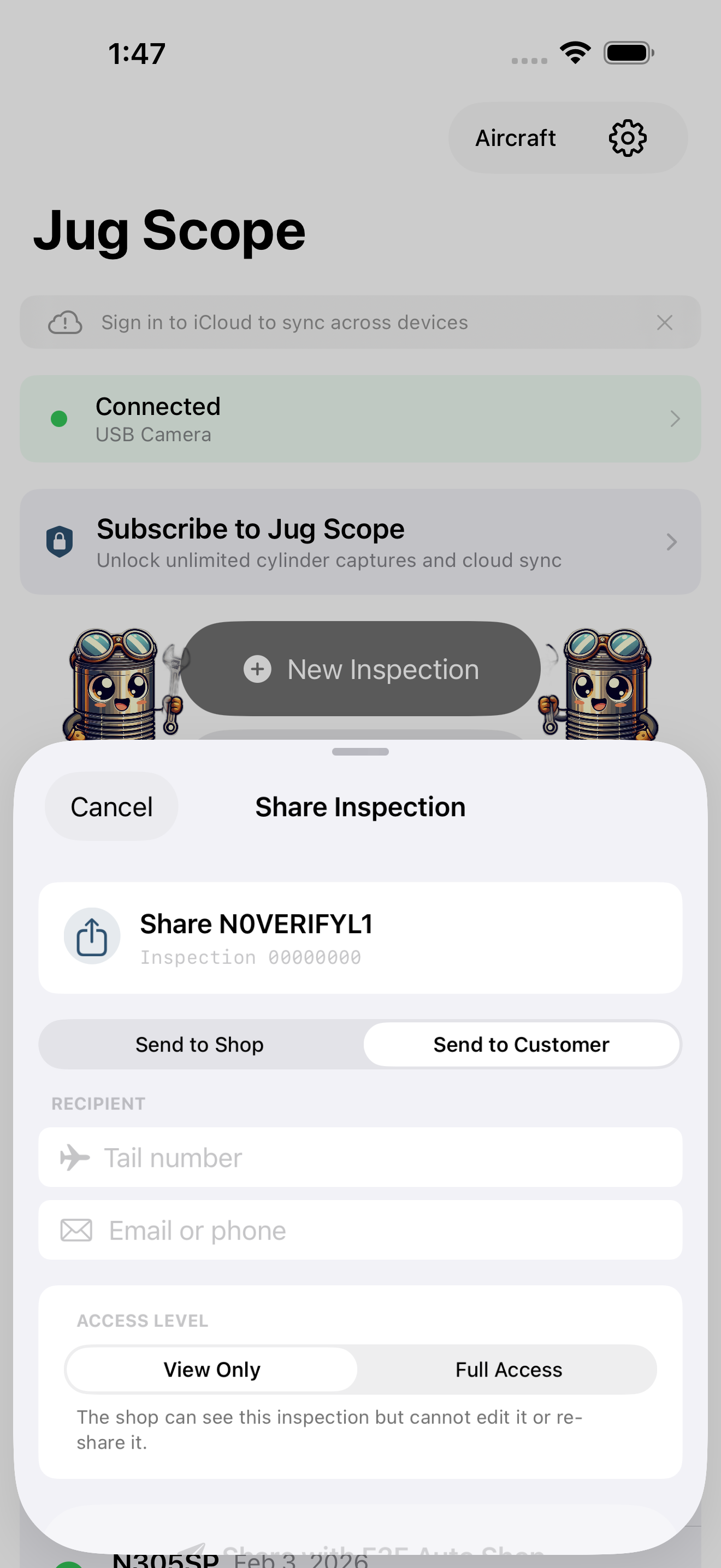 Share Inspection sheet delivering to a customer by tail number and contact