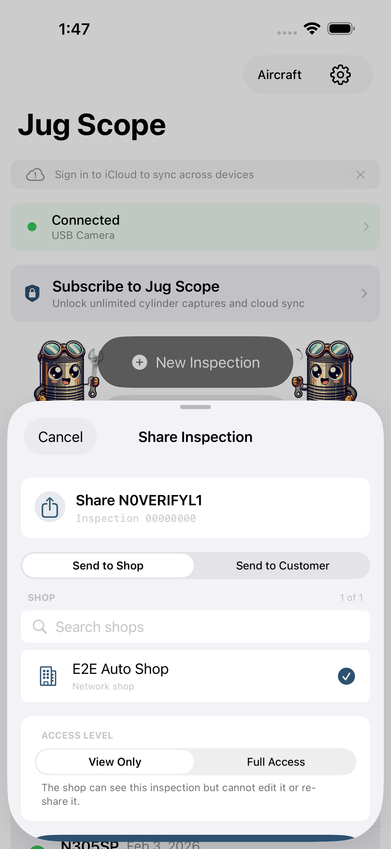 Share Inspection sheet in Send to Shop mode with shop list and access control
