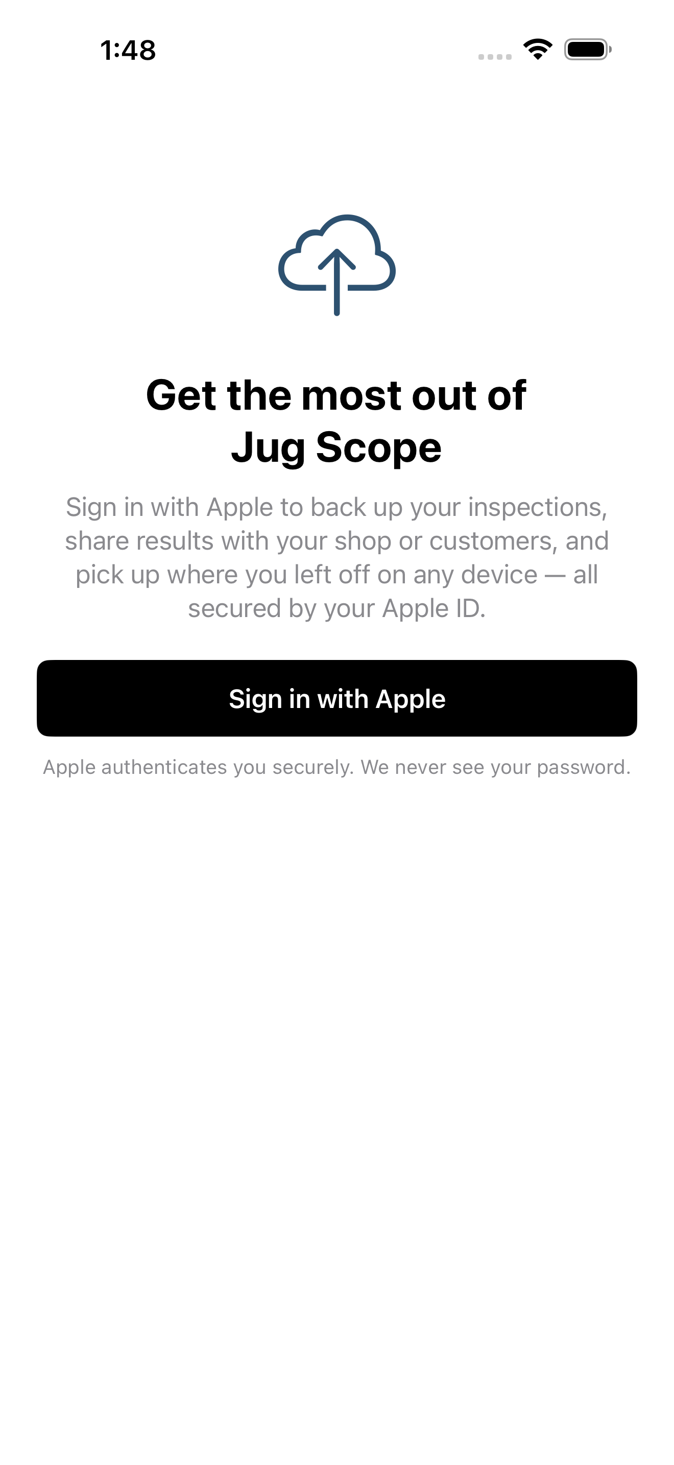 Sign-in screen with Sign in with Apple button and privacy reassurance