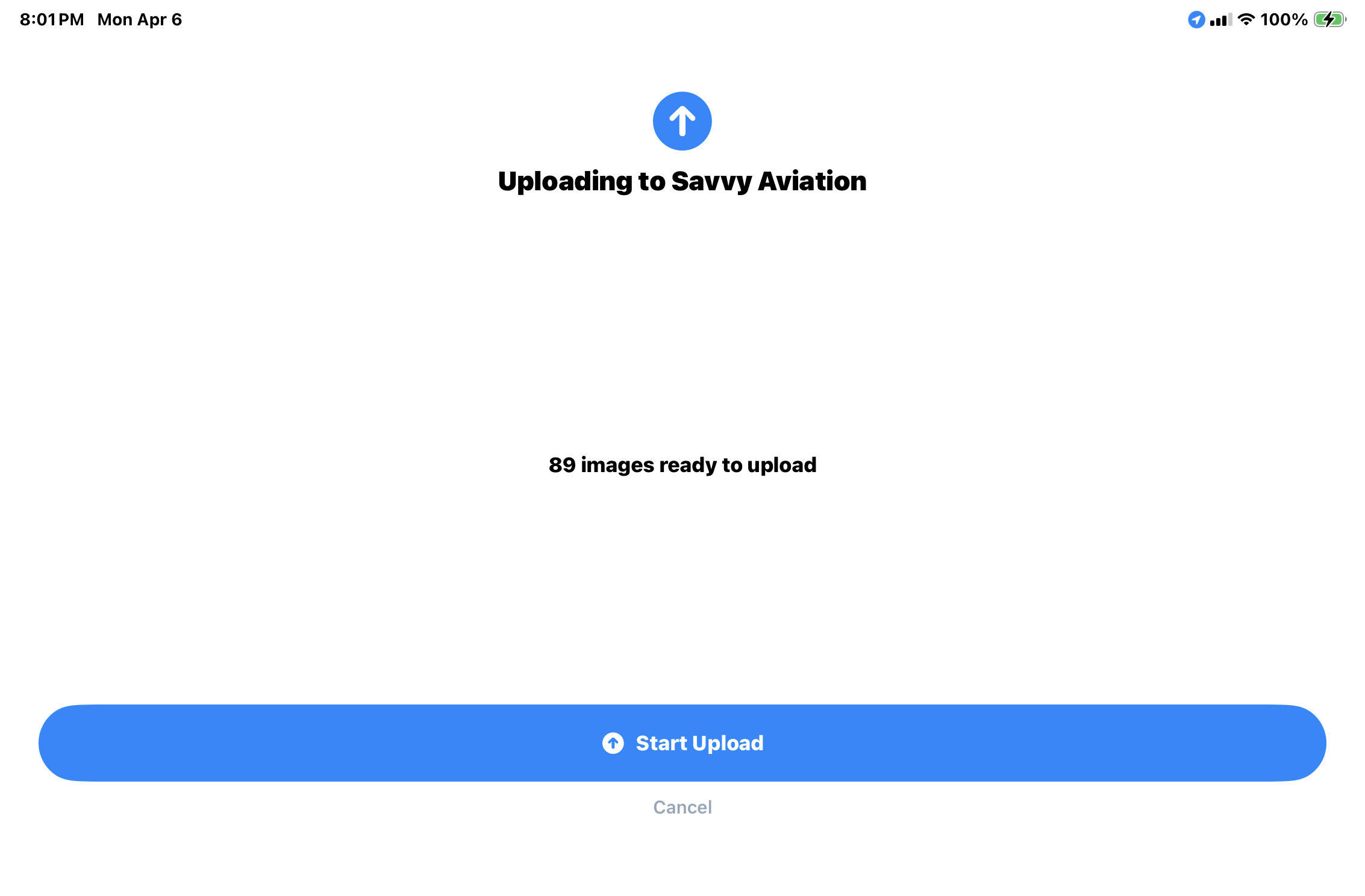 One-tap upload to Savvy Aviation with per-image progress tracking