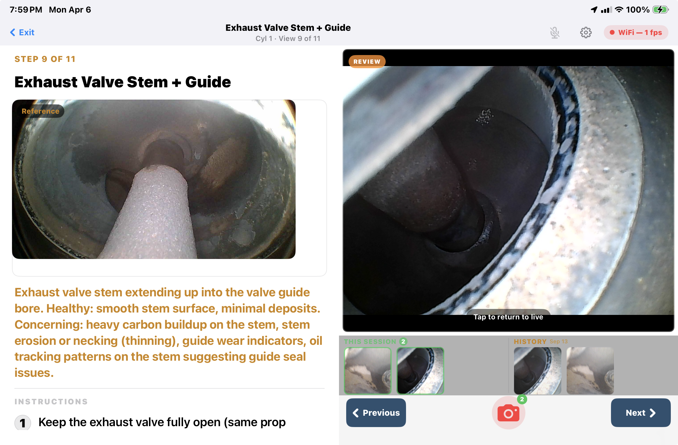Guided capture view on iPad — reference image alongside live borescope feed