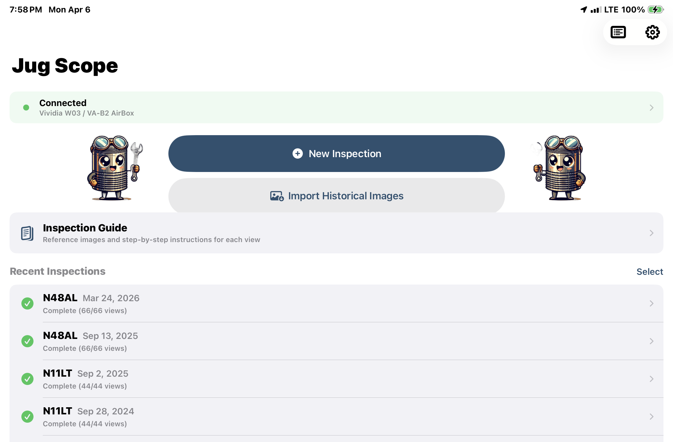 Home screen showing connected borescope and recent inspections