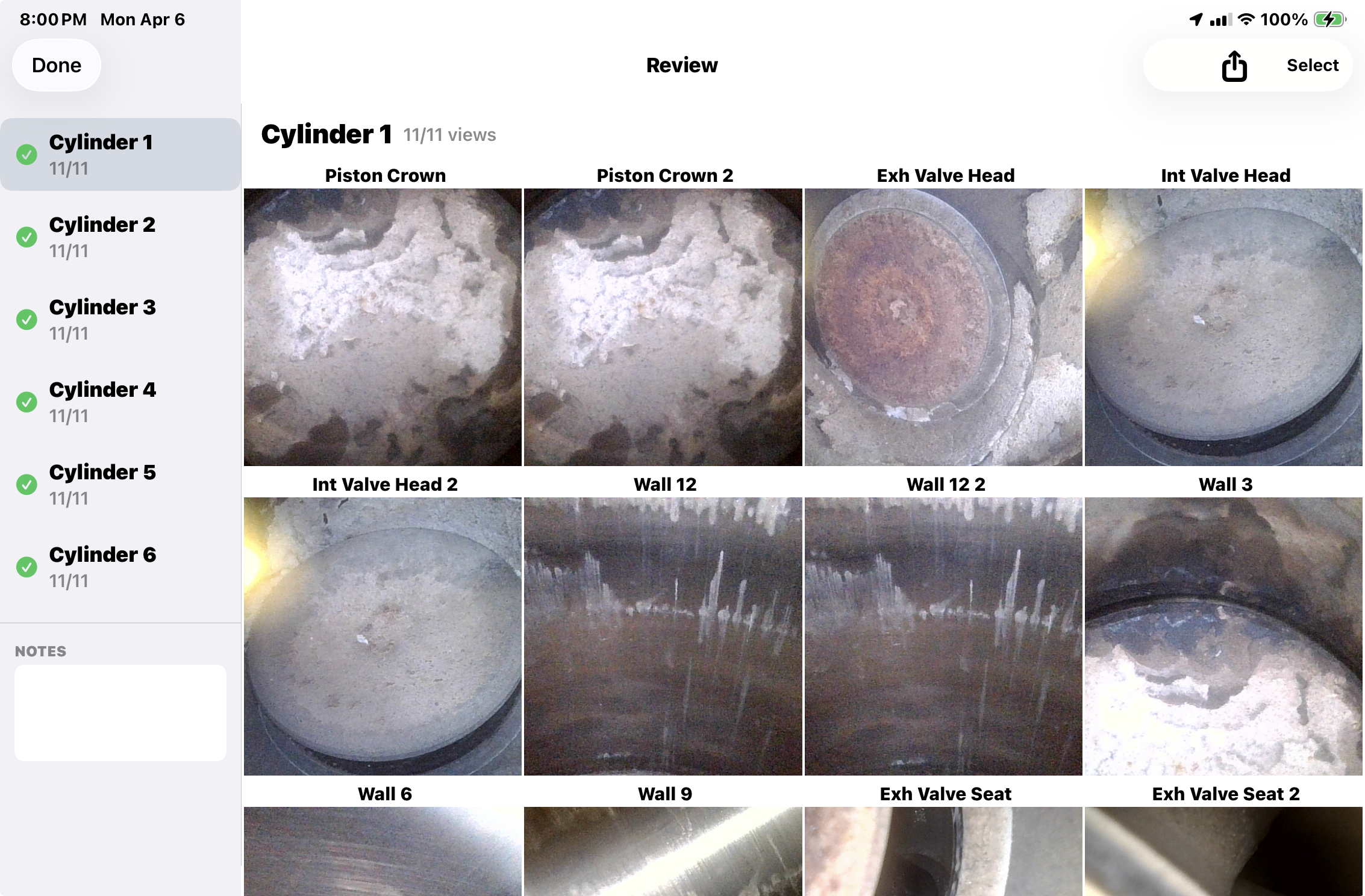Review screen showing all 11 captures organized by cylinder